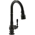 Artifacts Single-Hole Kitchen Sink Faucet with 16" Pull-Down spout and Turned Lever Handle, DockNetik® Secure Docking System, and 3-Function sprayhead Featuring Sweep® and BerrySoft® Spray