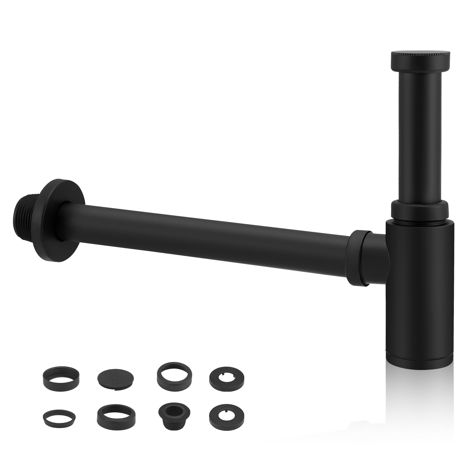 Brass Bottle Trap Universal with 200mm Extension Tube, 1 1/4 Black Slotted Basin Waste Adjustable Round Decorative P Trap, Plumbing Drain Tube for Sink Bathroom Basin Vessel