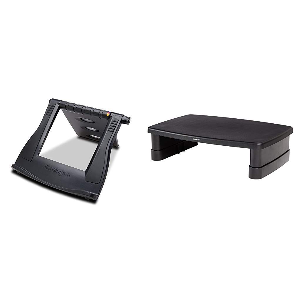 Kensington Easy Riser - Portable Ergonomic Laptop Cooling Stand (12"-17") for Windows & Mac with Secure Fit and SmartFit System - Black (K52788WW) & Amazon Basics Adjustable Monitor Stand