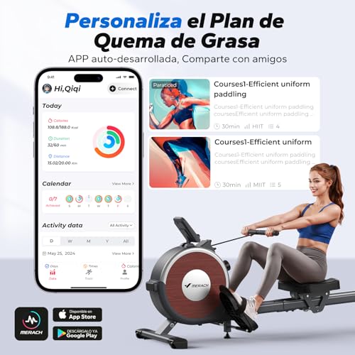 MERACH Máquina de Remo, remadora con Resistencia magnética, 16 Niveles de Ajuste de Resistencia, Remo con Resistencia silenciosa, Doble guía, Capacidad máxima de 158KG, Enlace de aplicación