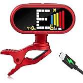 EX Professional Rechargeable Chromatic Clip-On Guitar Tuner &mdash; Fast, Ultra-Accurate Clip-On Tuner with Color LCD for Acoustic Guitar, Bass Guitar, Ukulele &amp; Violin, Red