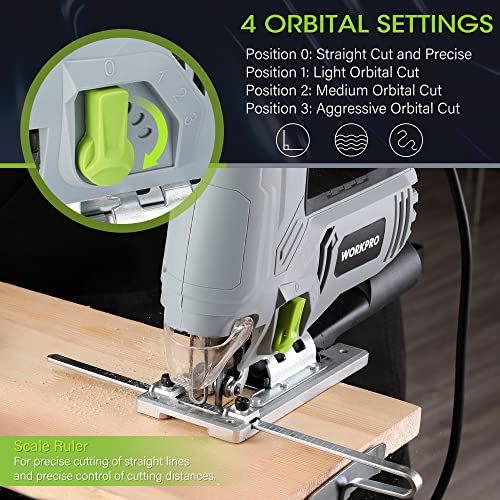 WORKPRO 600W Jig Saw, 6 Speeds and 7 Blades Included | Electric Jig Saw with 4 Orbital Positions, ±45° Cutting and Integrated Dust Blowing Function