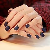 24PCS Matte with Metallic French Acrylic False Fake Full Nail Tip Art Dark Blue