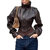 Molilove Women's Leather Jacket Cropped Vintage Zip Up Stand Collar Faux Leather Jacket Short Coat Fall Fashion Biker Jackets