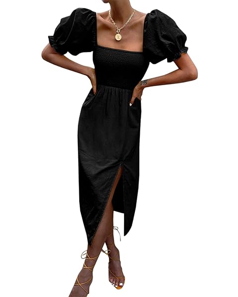 WOMEN’S SUMMER CASUAL PUFF SLEEVE DRESS SQUARE NECK SMOCKED OFF SHOULDER BOHO SIDE SPLIT MIDI DRESSES
