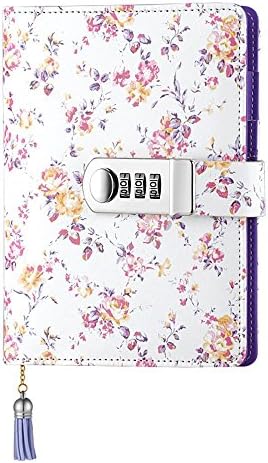 ABBER Floral Notebook with Password Personal Diary With Lock PU Leather Multi Color Combination Lock Journal A6 Refillable Leather Journal (Purple)