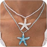 Douxsu 2Pcs Layered Boho White Blue Starfish Necklace for Women, Delicate Sea Star Pendant Hawaiian Small Beaded Chain Necklace Y2k Beach Ocean Beachy Jewelry