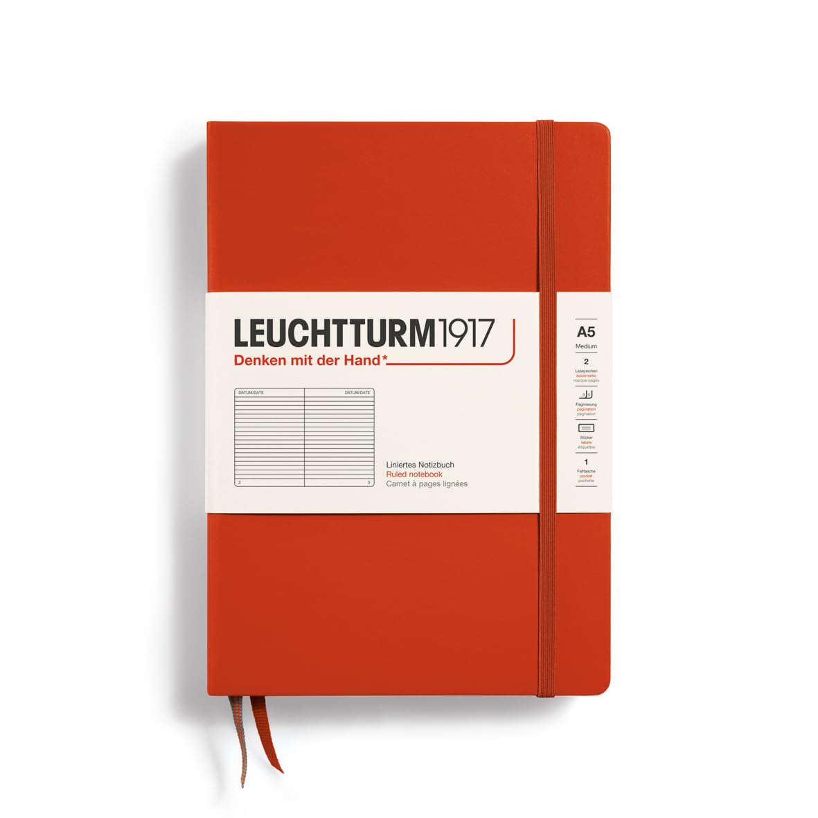 LEUCHTTURM1917 367252 Notebook Medium (A5), Hardcover, 251 Numbered Pages, Fox Red, Ruled