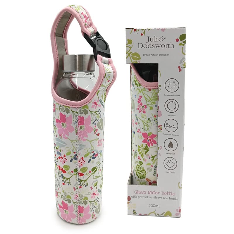 Puckator BOT223 Julie Dodsworth Pink Botanical Reusable Glass Water Bottle with Protective Neoprene Sleeve with Strap