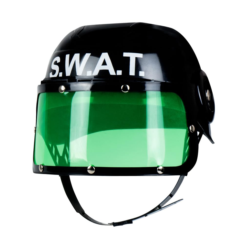 Boland Children's SWAT Helmet, Black With Green Visor, Hard Plastic, One Size, Adjustable Chin Strap, Police Fancy Dress Accessory, For Boys, Girls, Unisex, Kids Police Helmet, Halloween (One Size)