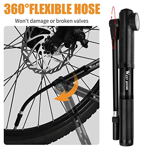 WESTGIRL Bike Pump with Gauge & Glueless Puncture Repair Kit - 300 PSI - Fits Presta & Schrader - Portable Bicycle Frame Pump for Road, Mountain and BMX Bikes, Mount Kit & Ball Needle Included