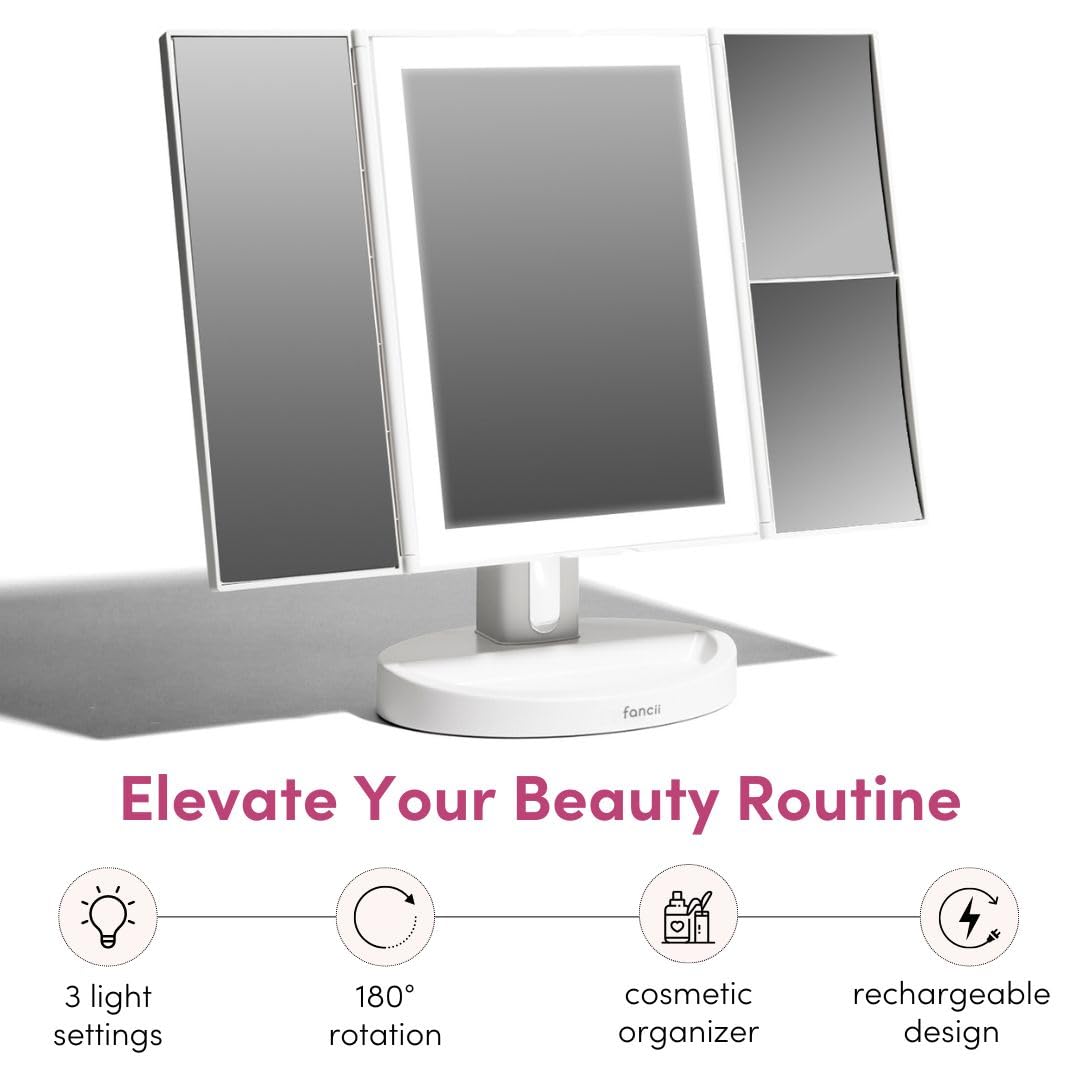 Fancii LED Lighted Vanity Makeup Mirror, Rechargeable Trifold Mirror with 5X & 10x Magnifications - 68 Dimmable Natural Lights, Touch Screen, Best Adjustable Make Up Mirror with Cosmetic Stand
