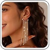 Yheakne Vintage Crystal Tassel Ear Cuff Earrings Rhinestone Long Tassel Earrings Silver Wedding Tassel Drop Earrings Cz Chandelier Earrings Crystal Wrap Around Earrings Jewellery for Women (Silver)