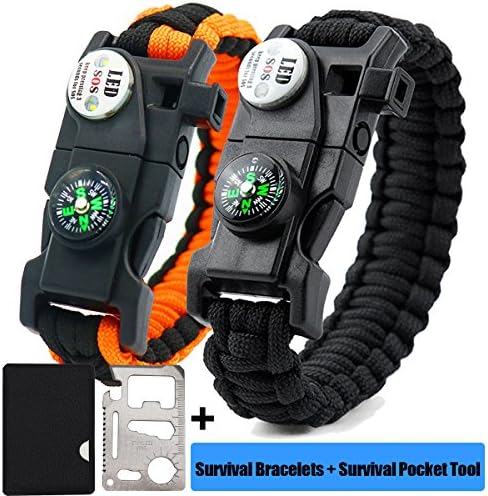 GOGOLUCK 2 Pack LED Emergency Survival Paracord Bracelets with SOS LED Light Ultimate Tactical Survival Gear with Multi Tool - Embedded Compass Fire Starter Emergency Knife Whistle Rescue Rope