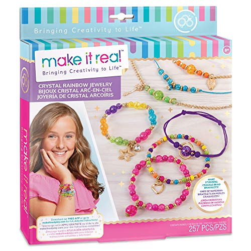 Make It Real – Crystal Rainbow Jewelry - DIY Bead Bracelet Kit for Girls - Jewelry Making Kit with Beads and Charms - Arts and Crafts to Design Colorful Bracelets
