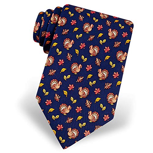 Men's 100% Silk Navy Blue Fall Harvest Thanksgiving Turkey Necktie Neck Tie Neckwear