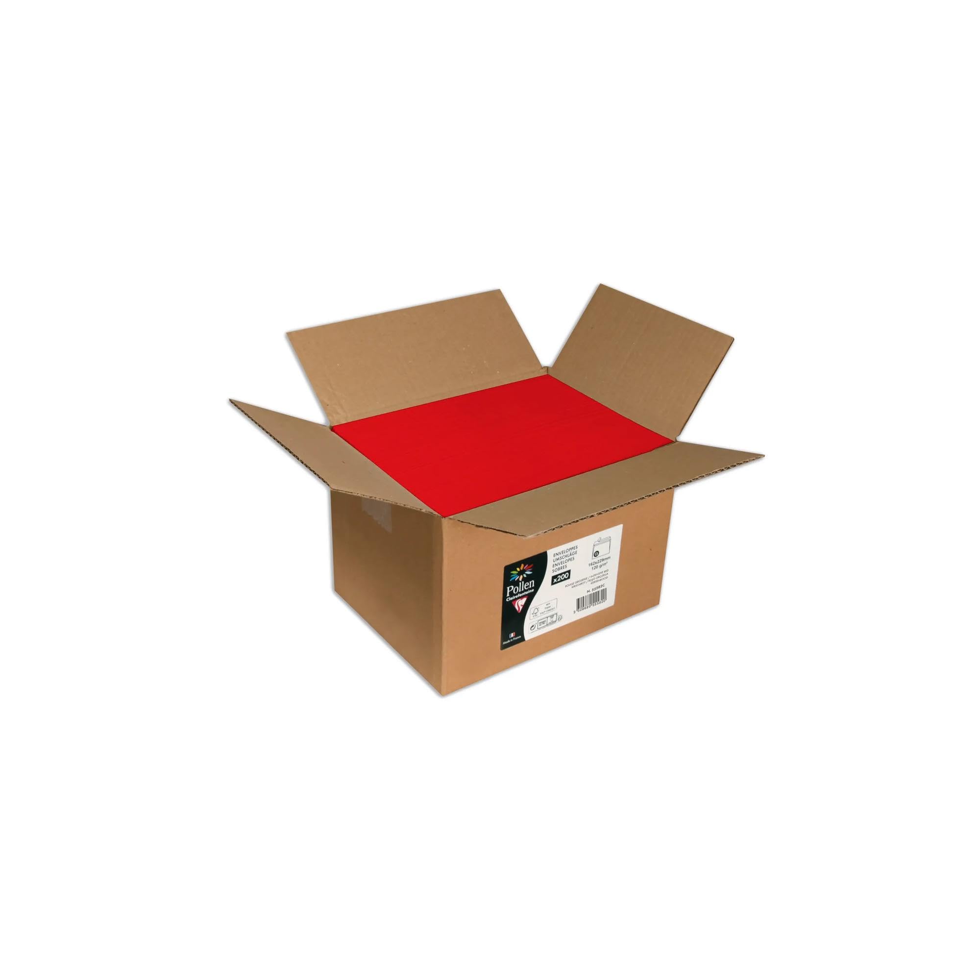 Clairefontaine 55582C Carton of 200 Gummed Envelopes C5 (16,2x22,9cm) 120g/m² Intensive Red Invitation Event Correspondence Range Pollen Premium Smooth Paper