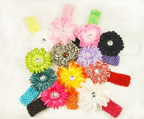 12 Assorted 3-in-1 Large Flower Hair Clip Bows with Soft Stretch Crochet Child Headbands fits Infant Baby to Toddlers to Youth Girls - Mix of Gerber Daisy Lily &amp; Peony