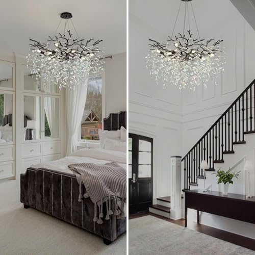 PIOUTNF Modern Crystal Chandelier, Dining Table Chandeliers, Tree Branch Chandelier Adjustable Height for Dining Room, Living Room, High Ceiling, Kitchen Island, Foyer, Black