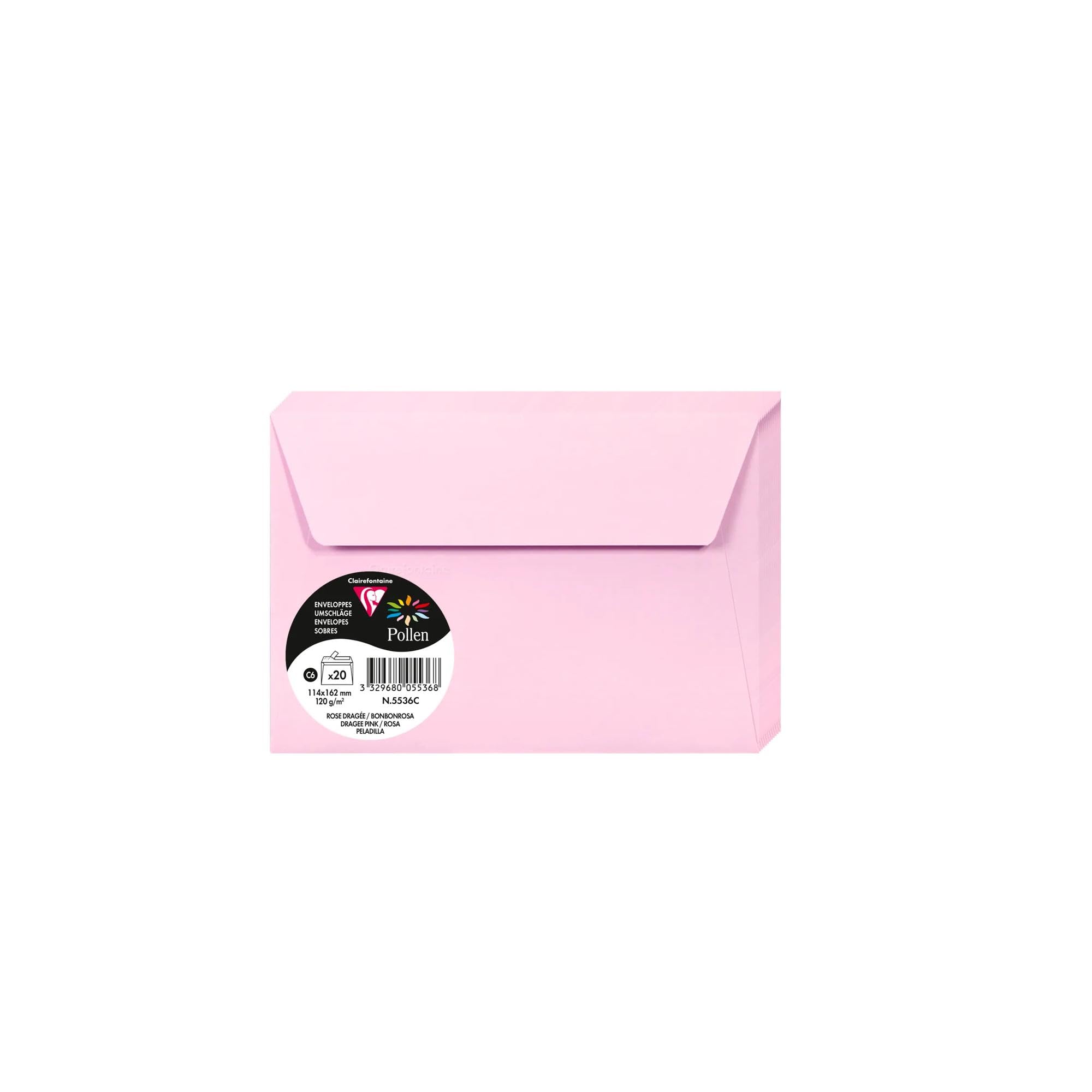 Clairefontaine 5536C Pack of 20 Self-Adhesive Envelopes C6 11,4x16,2cm 120gsm Colour Dragée Pink Invitation Events Correspondence Pollen Range Premium Paper
