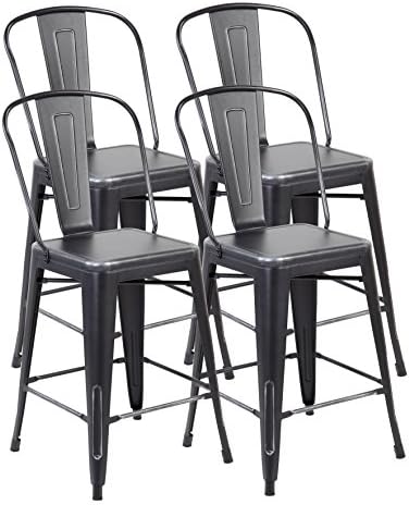 United Chair Tolix Style Metal Stackable Bistro Cafe Bar stools with Back Set of 4 Antique Black Silver 3007-ABS-4