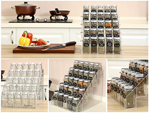 AmHoo Acrylic Spice Rack with 25 Clear Glass Jar Bottles and 80 Chalkboard Labels - 5 Tiers Kitchen Spice Rack Organizer