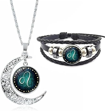 Fashion 12 Constellations Beaded Hand Woven Leather Bracelet And Moon Pendant Necklace Zodiac Sign Jewelry Set (Leo)