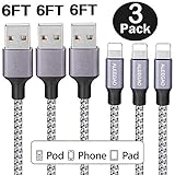 iPhone Charger,ALEEGAO 3PACK 6FT Nylon Braided lightning Cable Cord USB Cable Connector Compatible with iPhone Xs MAX/XR/XS/X/8/7/Plus/6S/6/SE/5S/5C/iPad/Mini/Air/Pro（Gray)