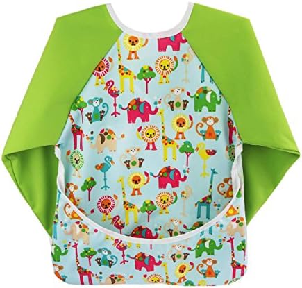 Unisex Infant Toddler Baby Waterproof Sleeved Bib Apron Waterproof Bib Overclothes Cute Baby Infant Eat&amp;Play Smock Bibs with Long Sleeves&amp;Pocket 6-24 Months (Zoo)