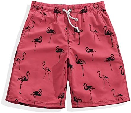 Mens Red Flamingo Loose Beach Shorts Quick Dry Swimming Trunks (M)