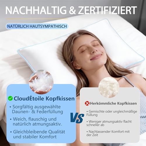 CloudÉtoile Pillow 80 x 80 cm Down Pillow Feather Pillow - Pillow 80 x 80 cm Down and Feathers Bed Pillow in Hotel Quality - 3-Chamber Down Pillow Sleeping Pillow Oeko-Tex Certified - Sleep Like on