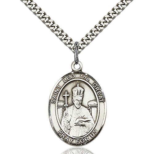Sterling Silver St. Leo the Great Pendant 1 x 3/4 inches with Heavy Curb Chain