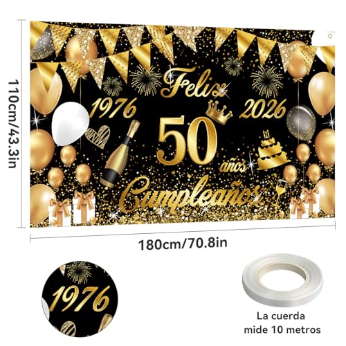 Happy 50th Birthday Banner 1976-2026, Seutgjie Happy Birthday Decoration for Women Men for 50th Birthday Party Black Gold 180 x 110 cm