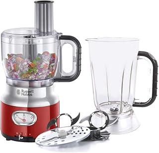 Russell Hobbs Küchenmaschine Retro rot, Retro-Anzeige, Standmixeraufsatz, Rührschüssel, Edelstahlscheibe (Schneiden&Raspeln), Teigwerkzeug, 850W Zerkleinerer, kompakter vintage Food Processor 25180-56