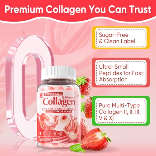 Collagen Peptide Gummies for Women & Men Sugar-Free, Multi Collagen Hydrolyzed w/ 1500mg Protein Type I,II,III,V,X, 5000mcg Biotin, Methylated B12, Vitamin C A E D3 B6 for Skin Hair Nails, Bone, 60Cts
