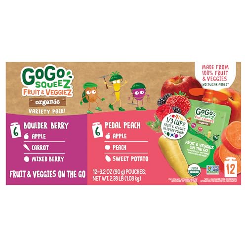 GOGO SQUEEZ NO SUGAR ADDED ORGANIC FRUIT & VEGGIEZ APPLESAUCE AND PUREE VARIETY PACK, PEDAL PEACH AND BOULDER BERRY, 3.2 OZ POUCHES (PACK OF 12), FRUIT SNACKS FOR KIDS, GLUTEN FREE, NUT FREE, RECLOSEABLE CAP, BPA FREE