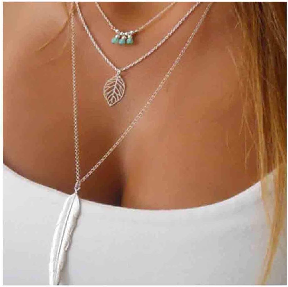 Fashion Necklace Turquoise Leaf Pendent Choker Necklace Gold Layered Necklaces for Women and Girls Boho Jewelry