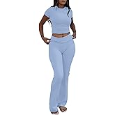 AYWA Women's 2 Piece Lounge Sets Short Sleeve Crop Top Foldover Flare Pants Casual Pajama Outfits