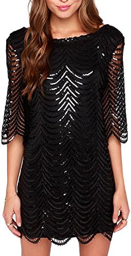 HaoDuoYi Womens Sparkle Sequin Lace Hollow Out Half Sleeves Mini 1920's Party Dress