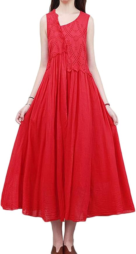 Amazon Co Jp Yyq Shop ワンピース レディース 夏 ノースリーブ ロングワンピース Vネック シンプル フレアワンピース ロング丈 森ガール マキシワンピース 無地 白 Freesizeレッド 服 ファッション小物