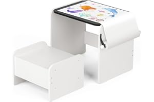 Tilhumt 3-in-1 Drawing Table and Chair Set for Kids Aged 2-5, Toddler Wooden Art Table with Paper Roll Holder & Drawing Accessories, Activity & Craft Table with Storage Drawer, Gift for Kids