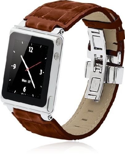 iWatchz STLLBRDYTP Timepiece Stainless Leather Watch Strap for iPod nano 6th Gen with Deploy -Brown