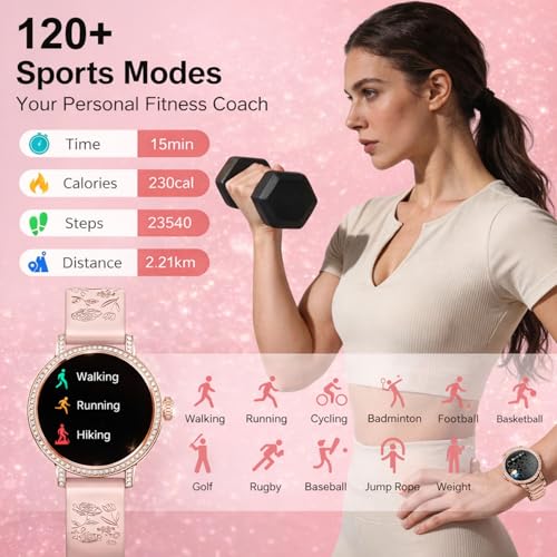 Fitoncloud Smart Watch for Women with Diamonds (Answer/Make Calls), 1.27" Display with Heart Rate/SpO2/Sleep Monitor, IP68 Waterproof Fitness Watch for Android & iPhone, 3 Bands, Rose Gold