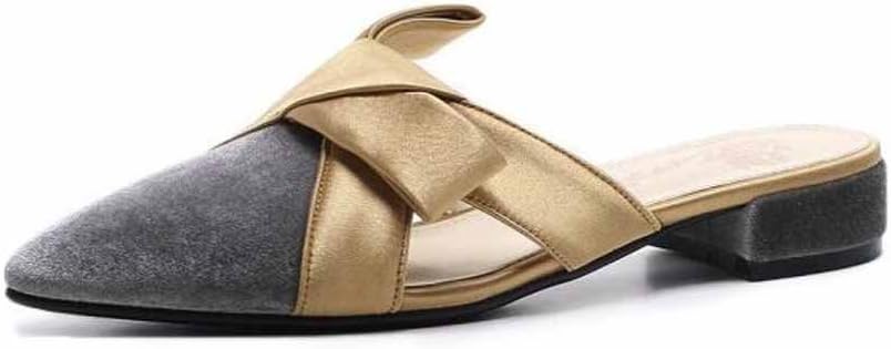 Women Pointed Mules Shoes 2018 Spring Summer New Velvet Shoes Bow Low Heel Slippers Female Large Size (Color : Gray, Size : 38)
