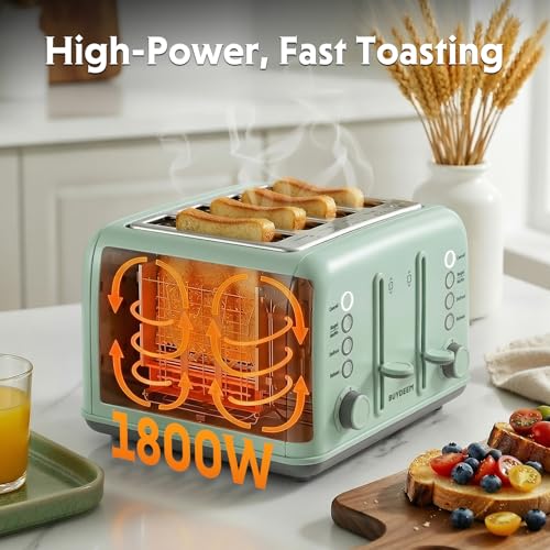 BUYDEEM DT640 4-Slice Toaster, 7 Shade Settings, Extra Wide 1.5’’ Slots for Bagel & English Muffin, 6 Toasting Functions, Retro Stainless Steel Toaster with High Lift Lever, 1800W, Cozy Greenish