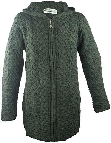 100% Irish Merino Wool Ladies Hooded Aran Zip Sweater Coat by West End Knitwear
