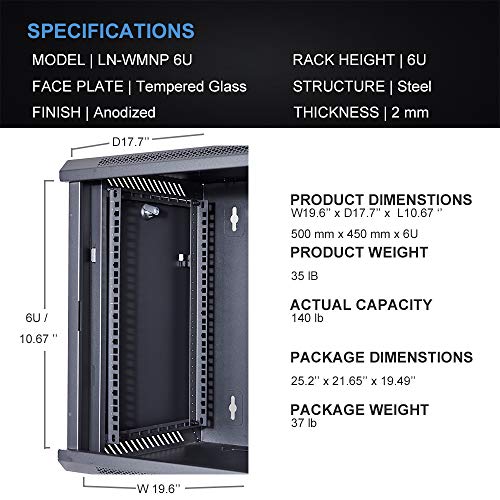 KENUCO [Fully Assembled] Deluxe IT Wall Mount Cabinet | Server Rack | Data Network Enclosure 19-Inch Server Network Rack with Locking Tempered Glass Door (Black 6U) - Thumbnail 6