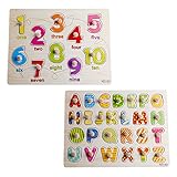Home Learning Preschool Early Educational Develoment Colorful 26-Piece Alphabets and 10-Piece Number Wooden Peg Puzzle Bundle Shape Birthday Gift Toy for Child Children Kids Toddlers Baby Boys Girls
