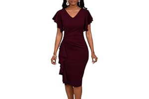 Bdwinz Summer Church Dress for Women V Neck Ruffle Short Sleeve Bodycon Work Midi Dresses