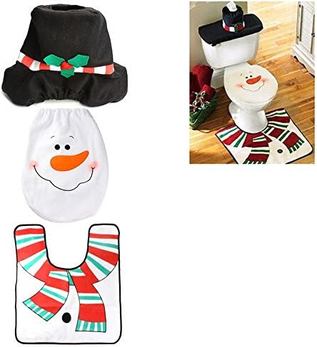 Christmas Ornament Bathroom Set White Snowman White Toilet Seat Cover Rug and Paper Box for Home